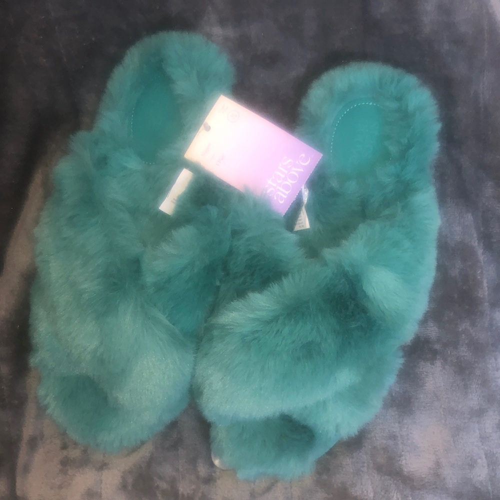 Stars Above Plush Teal Green Slippers